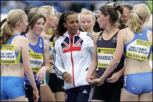 'Nikki Maddick congratulated by Kelly Holmes after invitational Glasgow Meeting'